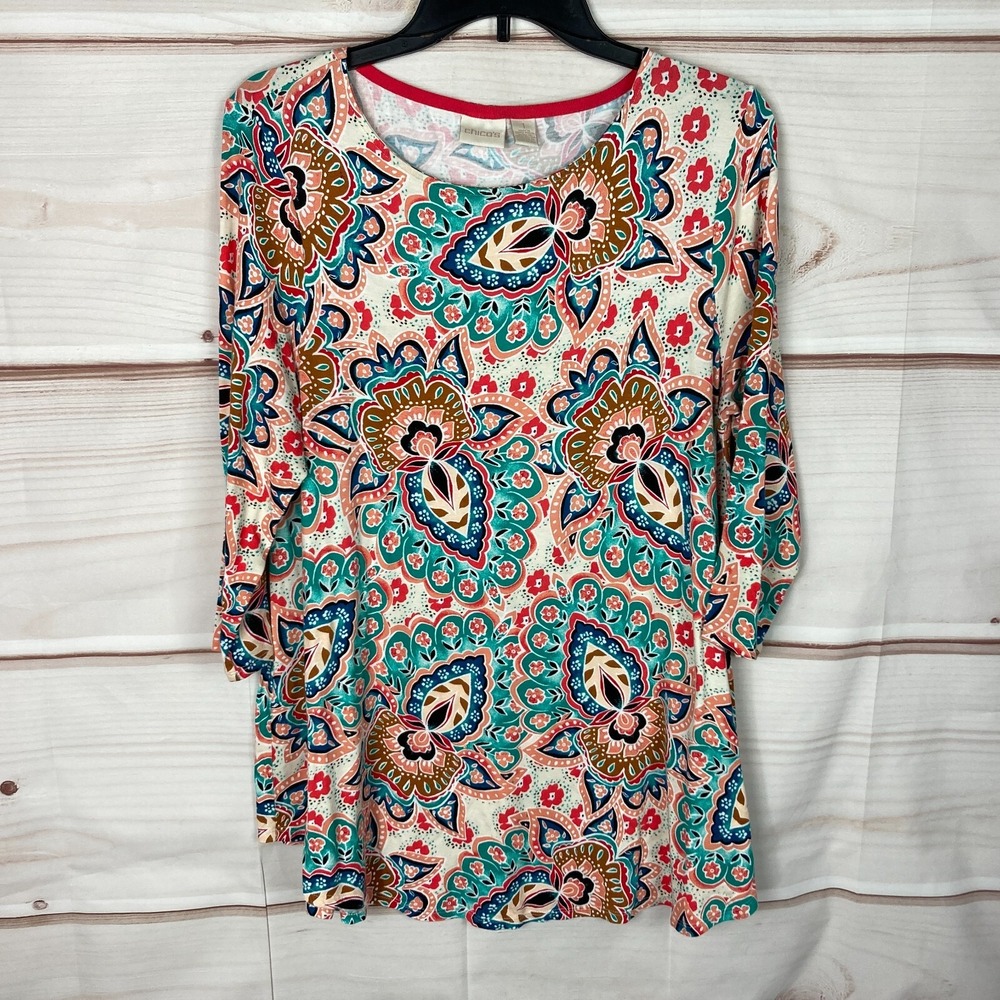 Chicos Top Womens 1 M Green Red Floral Tunic Swing 3/4 Sleeve Jersey Knit